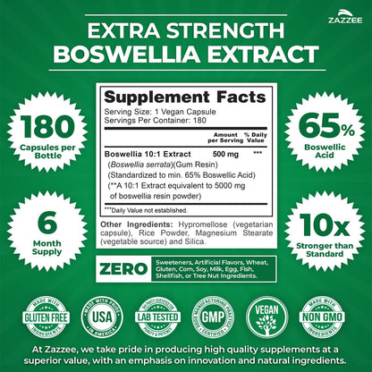 Zazzee Extra Strength Boswellia 10:1 Extract, 65% Boswellic Acid, 180 Vegan Capsules, 6 Month Supply, Boswellia Serrata, Joint Comfort, Mobility & Flexibility Support, Non-GMO, Made in the USA - PrimeBioHealth - canada supplements