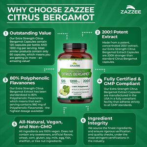 Zazzee Extra Strength Citrus Bergamot 200:1 Extract 1200 mg, 80% Polyphenols, 120 Vegan Capsules, Standardized 200X Potency - PrimeBioHealth - canada supplements