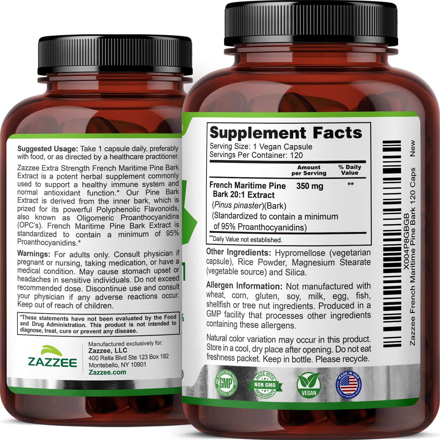 Zazzee Extra Strength French Maritime Pine Bark Extract 20:1, 350 mg Per Capsule, 95% Proanthocyanidins, 180 Vegan Capsules, 6 Month Supply, Certified Kosher, Antioxidant Support, Non-GMO, Made in USA - PrimeBioHealth - canada supplements