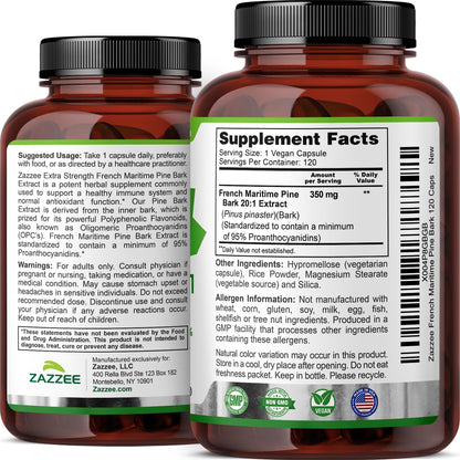 Zazzee Extra Strength French Maritime Pine Bark Extract 20:1, 350 mg Per Capsule, 95% Proanthocyanidins, 180 Vegan Capsules, 6 Month Supply, Certified Kosher, Antioxidant Support, Non-GMO, Made in USA - PrimeBioHealth - canada supplements