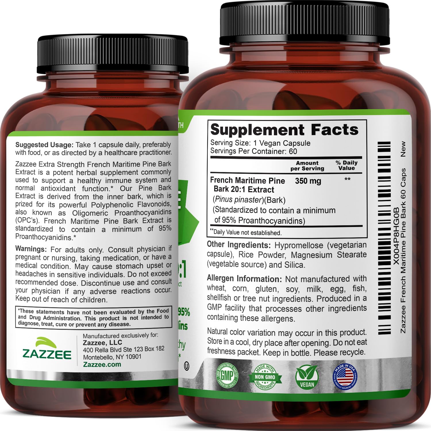 Zazzee Extra Strength French Maritime Pine Bark Extract 20:1, 350 mg Per Capsule, 95% Proanthocyanidins, 180 Vegan Capsules, 6 Month Supply, Certified Kosher, Antioxidant Support, Non-GMO, Made in USA - PrimeBioHealth - canada supplements