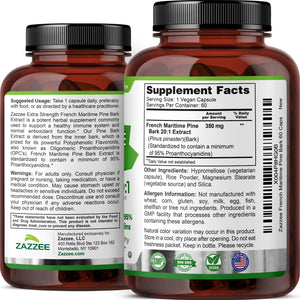 Zazzee Extra Strength French Maritime Pine Bark Extract 20:1, 350 mg Per Capsule, 95% Proanthocyanidins, 180 Vegan Capsules, 6 Month Supply, Certified Kosher, Antioxidant Support, Non-GMO, Made in USA - PrimeBioHealth - canada supplements