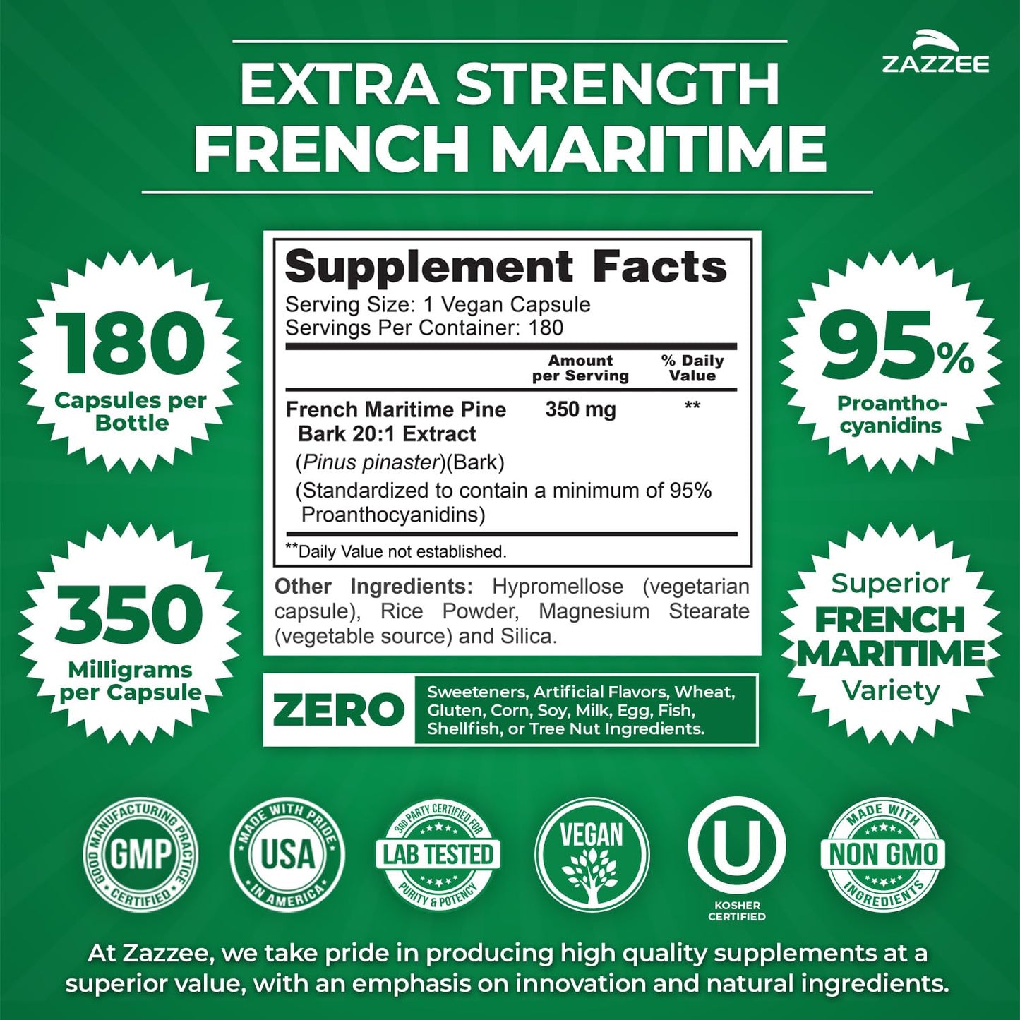 Zazzee Extra Strength French Maritime Pine Bark Extract 20:1, 350 mg Per Capsule, 95% Proanthocyanidins, 180 Vegan Capsules, 6 Month Supply, Certified Kosher, Antioxidant Support, Non-GMO, Made in USA - PrimeBioHealth - canada supplements