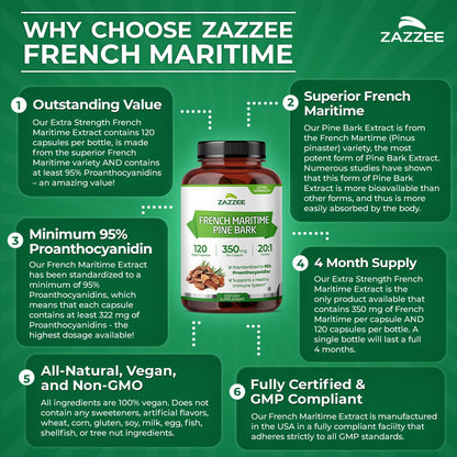 Zazzee Extra Strength French Maritime Pine Bark Extract 20:1, 350 mg Per Capsule, 95% Proanthocyanidins, 180 Vegan Capsules, 6 Month Supply, Certified Kosher, Antioxidant Support, Non-GMO, Made in USA - PrimeBioHealth - canada supplements