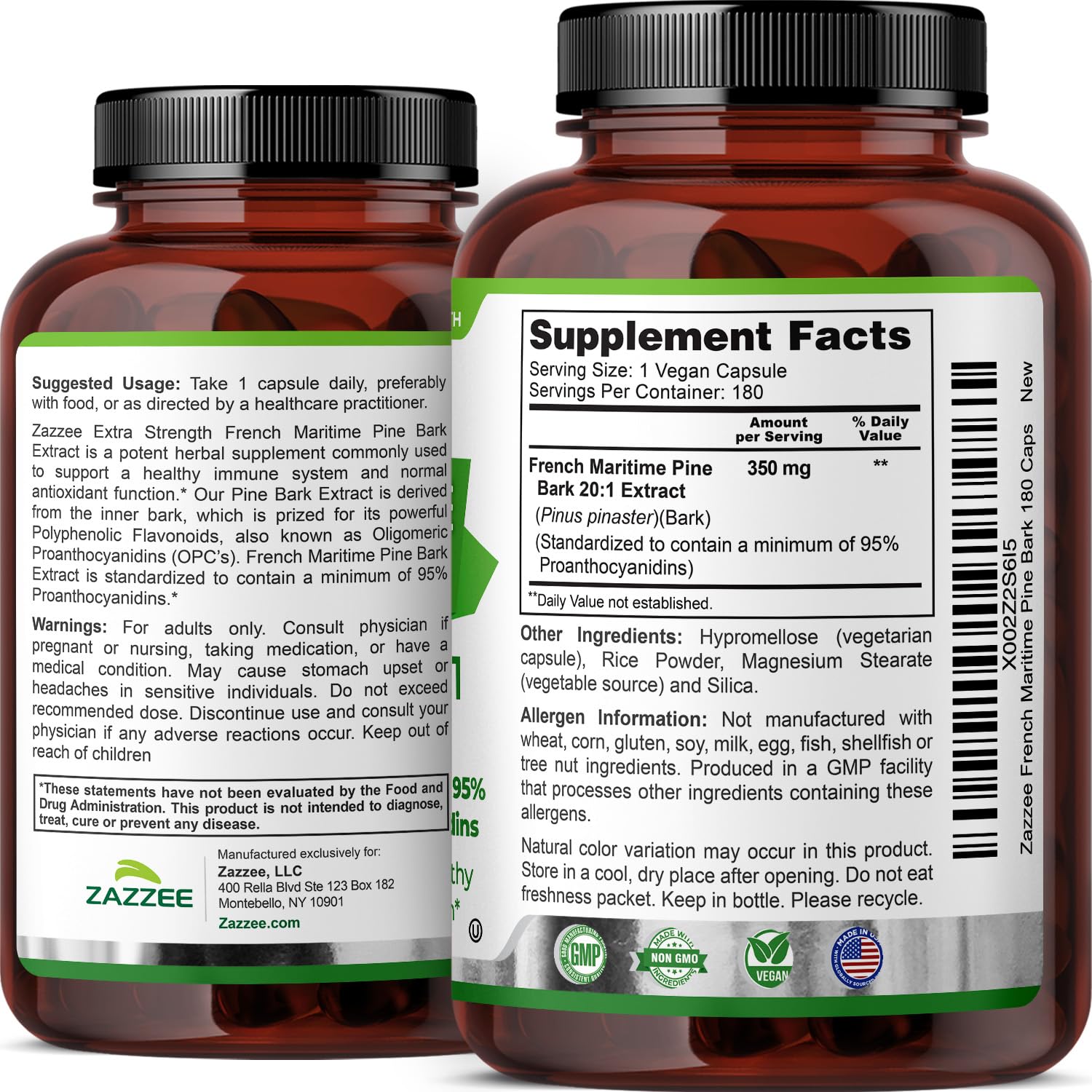 Zazzee Extra Strength French Maritime Pine Bark Extract 20:1, 350 mg Per Capsule, 95% Proanthocyanidins, 180 Vegan Capsules, 6 Month Supply, Certified Kosher, Antioxidant Support, Non-GMO, Made in USA - PrimeBioHealth - canada supplements