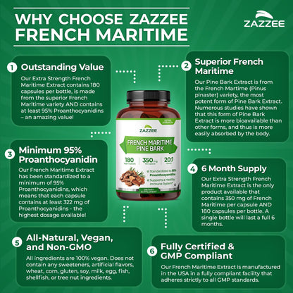 Zazzee Extra Strength French Maritime Pine Bark Extract 20:1, 350 mg Per Capsule, 95% Proanthocyanidins, 180 Vegan Capsules, 6 Month Supply, Certified Kosher, Antioxidant Support, Non-GMO, Made in USA - PrimeBioHealth - canada supplements