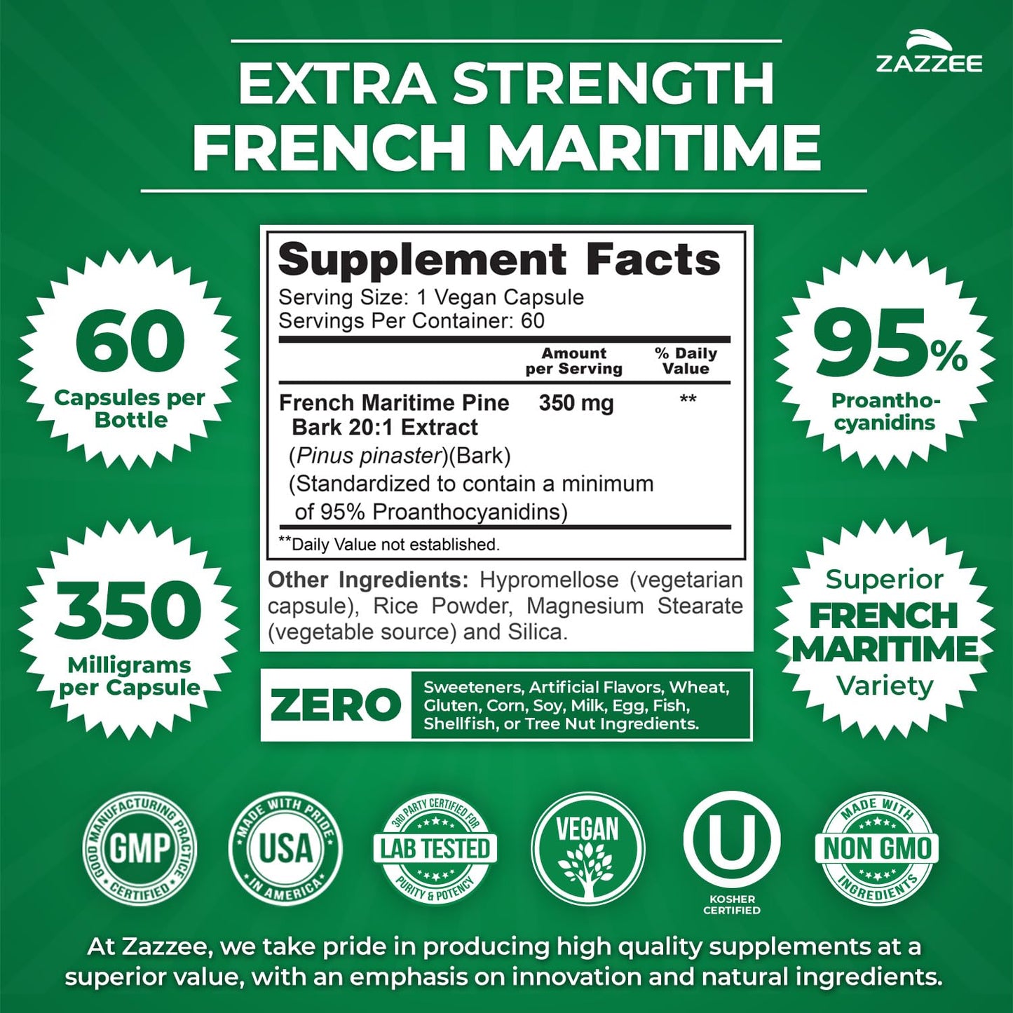 Zazzee Extra Strength French Maritime Pine Bark Extract 20:1, 350 mg Per Capsule, 95% Proanthocyanidins, 180 Vegan Capsules, 6 Month Supply, Certified Kosher, Antioxidant Support, Non-GMO, Made in USA - PrimeBioHealth - canada supplements