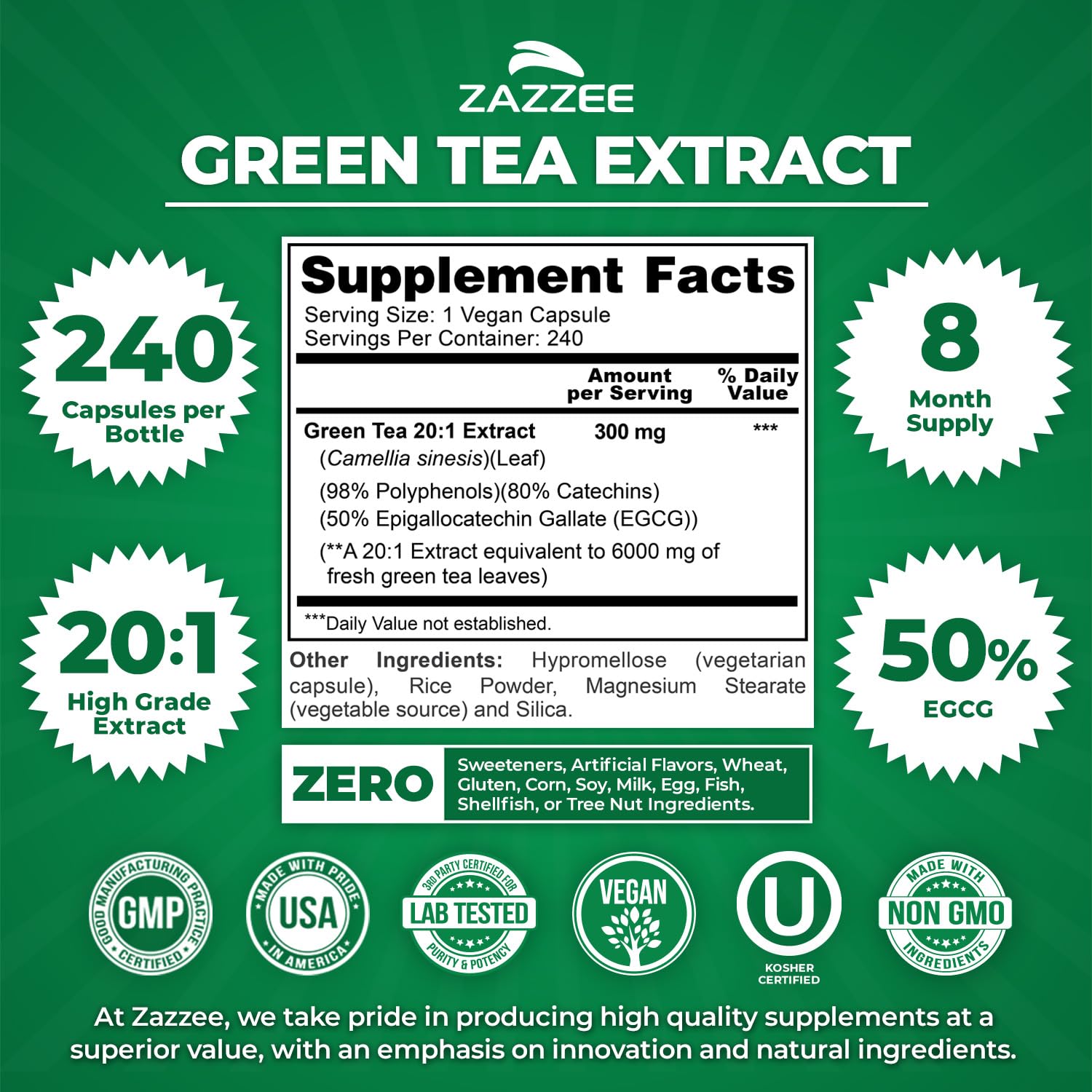 Zazzee Extra Strength Green Tea 20:1 Extract, 50% EGCG, 98% Polyphenols, 80% Catechins, 150 Vegan Capsules, 5 Month Supply, Certified Kosher, Antioxidant & Metabolism Support, Non-GMO, Made in the USA - PrimeBioHealth - canada supplements