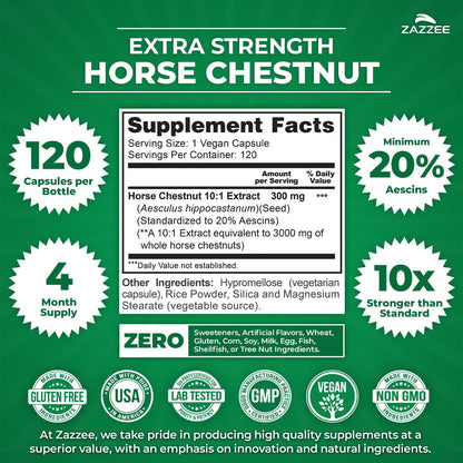 Zazzee Extra Strength Horse Chestnut 10:1 Extract, 20% Aescins, 120 Vegan Capsules, 4 Month Supply, Aesculus Hippocastanum, Healthy Circulation & Blood Flow Support, Non-GMO, Made in the USA - PrimeBioHealth - canada supplements