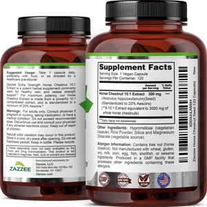Zazzee Extra Strength Horse Chestnut 10:1 Extract, 20% Aescins, 120 Vegan Capsules, 4 Month Supply, Aesculus Hippocastanum, Healthy Circulation & Blood Flow Support, Non-GMO, Made in the USA - PrimeBioHealth - canada supplements