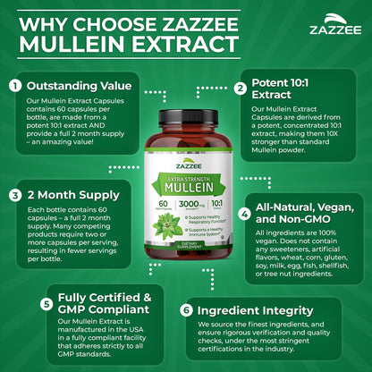 Zazzee Extra Strength Mullein Leaf 10:1 Extract, 120 Vegan Capsules, 4 Month Supply, Verbascum Thapsus, Respiratory & Lung Support, Certified Kosher, 100% Pure Leaf Powder, Non-GMO, Made in the USA - PrimeBioHealth - canada supplements