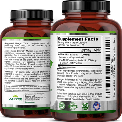 Zazzee Extra Strength Mullein Leaf 10:1 Extract, 120 Vegan Capsules, 4 Month Supply, Verbascum Thapsus, Respiratory & Lung Support, Certified Kosher, 100% Pure Leaf Powder, Non-GMO, Made in the USA - PrimeBioHealth - canada supplements
