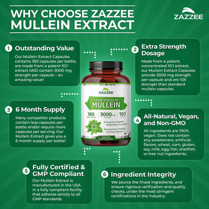 Zazzee Extra Strength Mullein Leaf 10:1 Extract, 120 Vegan Capsules, 4 Month Supply, Verbascum Thapsus, Respiratory & Lung Support, Certified Kosher, 100% Pure Leaf Powder, Non-GMO, Made in the USA - PrimeBioHealth - canada supplements