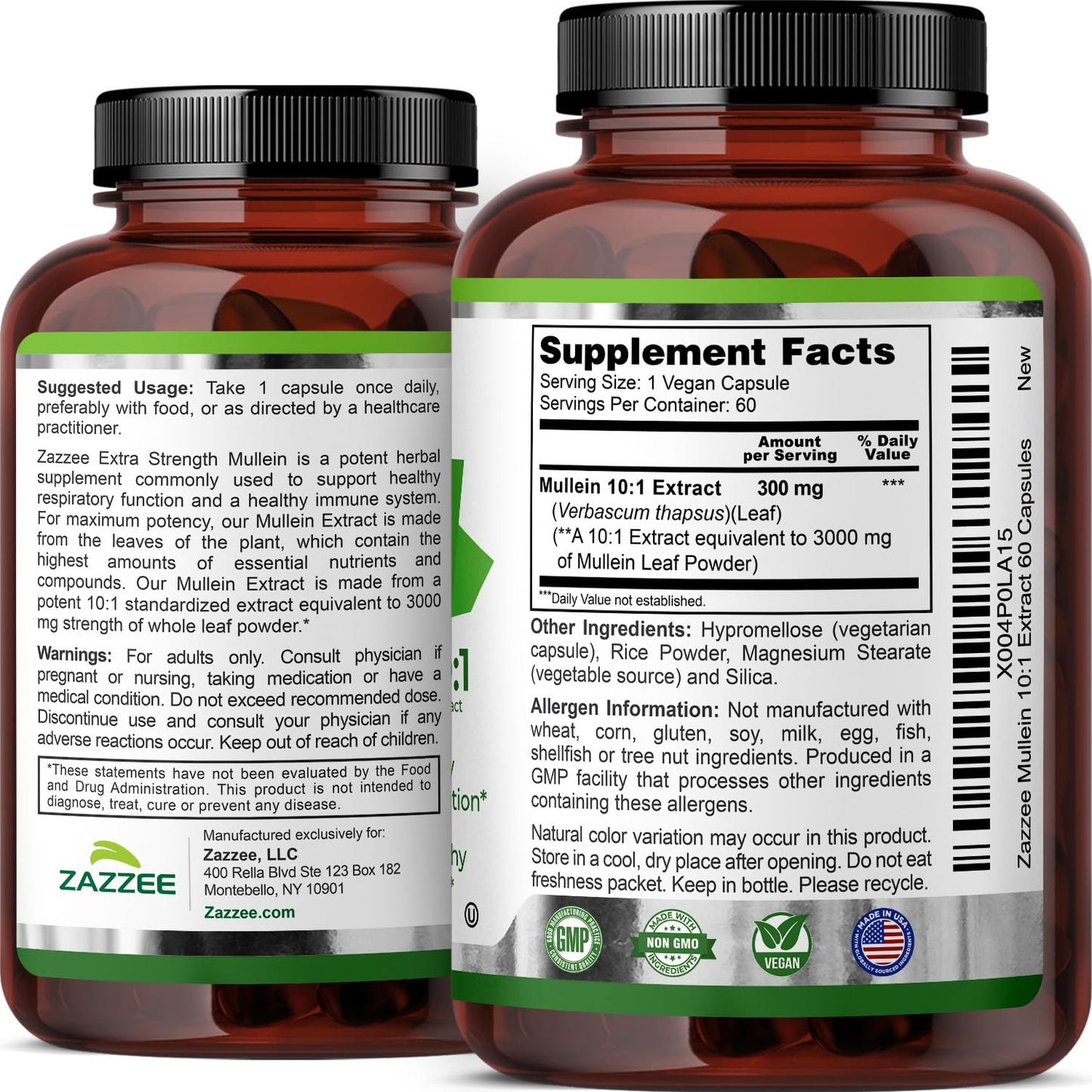 Zazzee Extra Strength Mullein Leaf 10:1 Extract, 120 Vegan Capsules, 4 Month Supply, Verbascum Thapsus, Respiratory & Lung Support, Certified Kosher, 100% Pure Leaf Powder, Non-GMO, Made in the USA - PrimeBioHealth - canada supplements