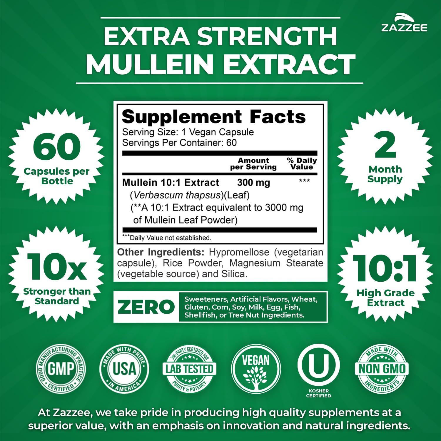Zazzee Extra Strength Mullein Leaf 10:1 Extract, 120 Vegan Capsules, 4 Month Supply, Verbascum Thapsus, Respiratory & Lung Support, Certified Kosher, 100% Pure Leaf Powder, Non-GMO, Made in the USA - PrimeBioHealth - canada supplements