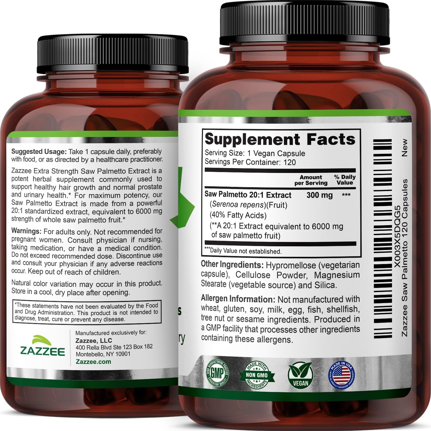 Zazzee Extra Strength Saw Palmetto 20:1 Extract, 40% Fatty Acids, 120 Vegan Capsules, 4 Month Supply, Serenoa Repens, Daily Wellness & Men’s Health Support, Herbal Supplement, Non-GMO, Made in the USA - PrimeBioHealth - canada supplements