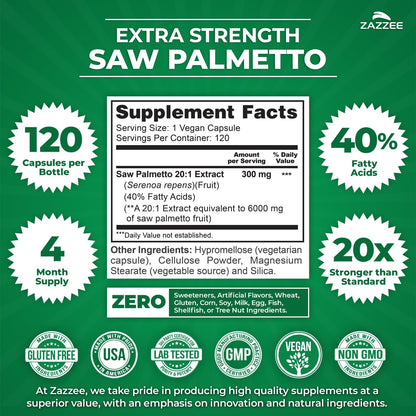 Zazzee Extra Strength Saw Palmetto 20:1 Extract, 40% Fatty Acids, 120 Vegan Capsules, 4 Month Supply, Serenoa Repens, Daily Wellness & Men’s Health Support, Herbal Supplement, Non-GMO, Made in the USA - PrimeBioHealth - canada supplements
