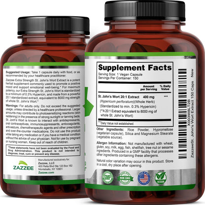 Zazzee Extra Strength St. John’s Wort 20:1 Extract, 0.3% Hypericin, 150 Vegan Capsules, 5 Month Supply, Hypericum Perforatum, Mood & Emotional Wellness Support, Herbal Supplement, Non-GMO, Made in USA - PrimeBioHealth - canada supplements
