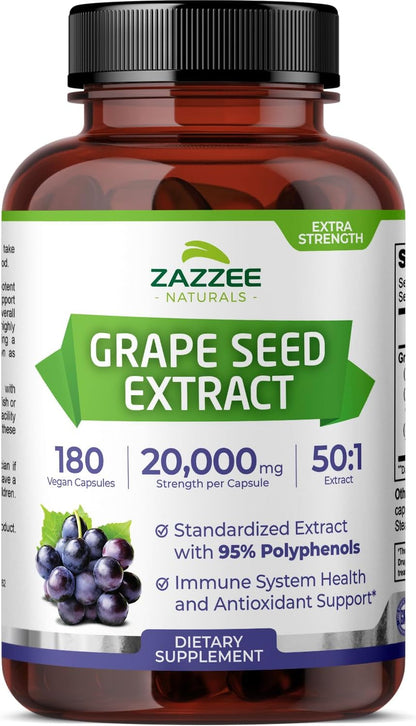 Zazzee High Strength Grape Seed 50:1 Extract, 180 Vegan Capsules, 95% Polyphenols, 400 mg per Capsule, 6 Month Supply, Antioxidant, Circulation & Blood Flow Support, Non-GMO, Made in the USA - PrimeBioHealth - canada supplements