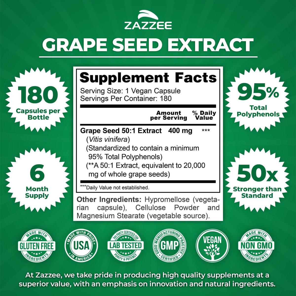 Zazzee High Strength Grape Seed 50:1 Extract, 180 Vegan Capsules, 95% Polyphenols, 400 mg per Capsule, 6 Month Supply, Antioxidant, Circulation & Blood Flow Support, Non-GMO, Made in the USA - PrimeBioHealth - canada supplements