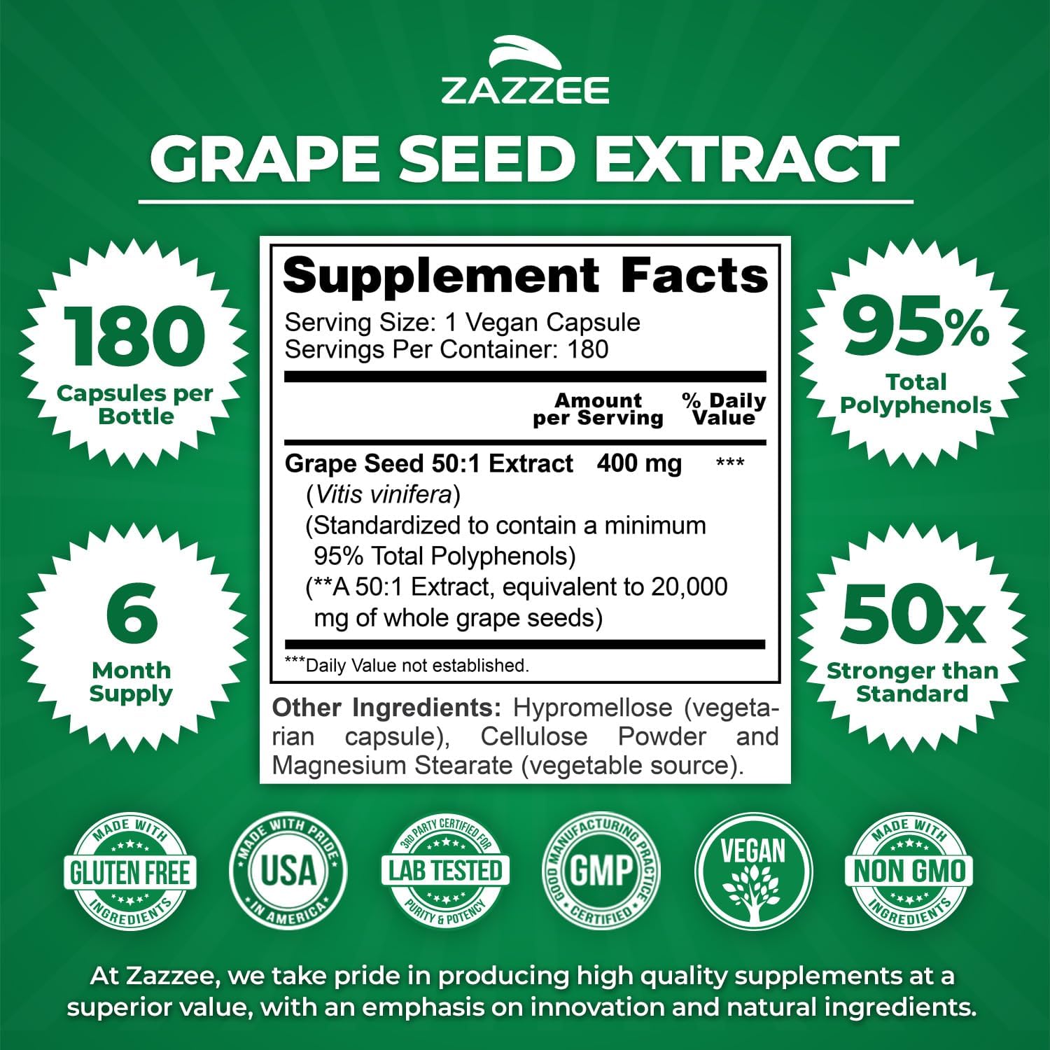 Zazzee High Strength Grape Seed 50:1 Extract, 180 Vegan Capsules, 95% Polyphenols, 400 mg per Capsule, 6 Month Supply, Antioxidant, Circulation & Blood Flow Support, Non-GMO, Made in the USA - PrimeBioHealth - canada supplements