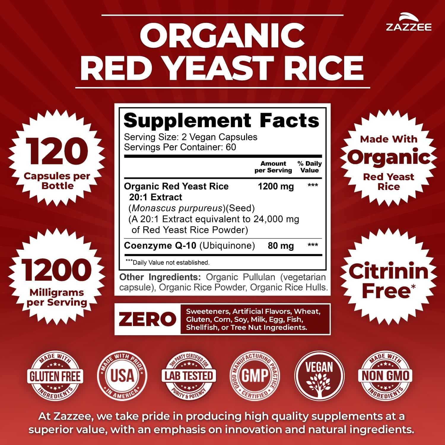 Zazzee Organic Red Yeast Rice 20:1 Extract with CoQ10, Citrinin-Free, 1200 mg per Serving, 80 mg CoQ10, 120 Vegan Capsules, Healthy Heart & Cardiovascular Support, Non-GMO, Made in the USA - PrimeBioHealth - canada supplements