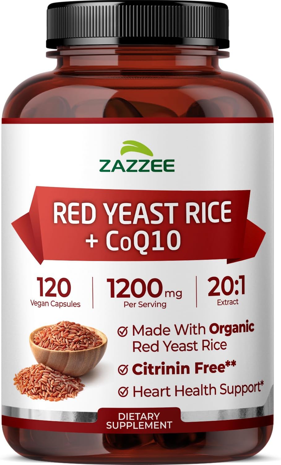 Zazzee Organic Red Yeast Rice 20:1 Extract with CoQ10, Citrinin-Free, 1200 mg per Serving, 80 mg CoQ10, 120 Vegan Capsules, Healthy Heart & Cardiovascular Support, Non-GMO, Made in the USA - PrimeBioHealth - canada supplements