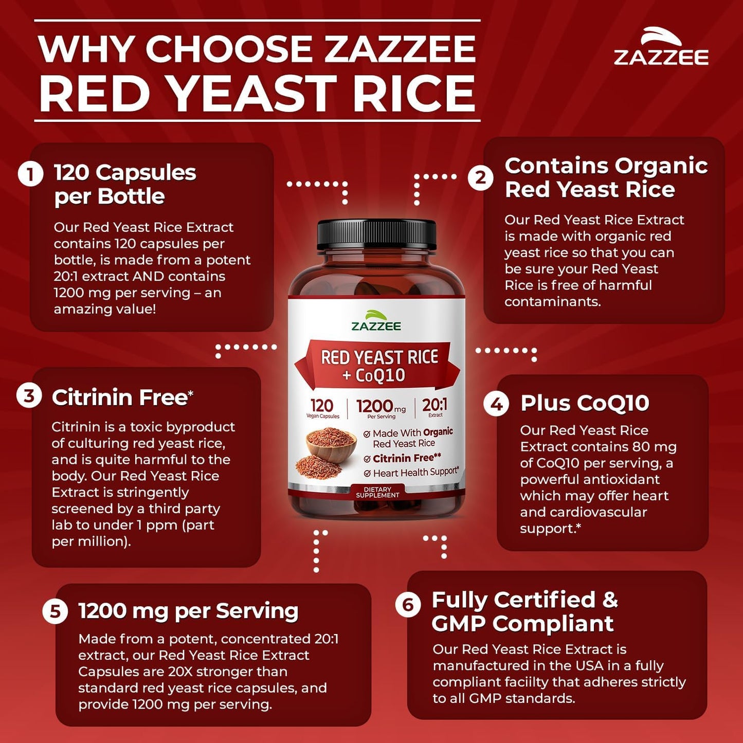 Zazzee Organic Red Yeast Rice 20:1 Extract with CoQ10, Citrinin-Free, 1200 mg per Serving, 80 mg CoQ10, 120 Vegan Capsules, Healthy Heart & Cardiovascular Support, Non-GMO, Made in the USA - PrimeBioHealth - canada supplements