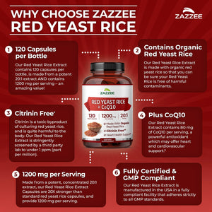 Zazzee Organic Red Yeast Rice 20:1 Extract with CoQ10, Citrinin-Free, 1200 mg per Serving, 80 mg CoQ10, 120 Vegan Capsules, Healthy Heart & Cardiovascular Support, Non-GMO, Made in the USA - PrimeBioHealth - canada supplements