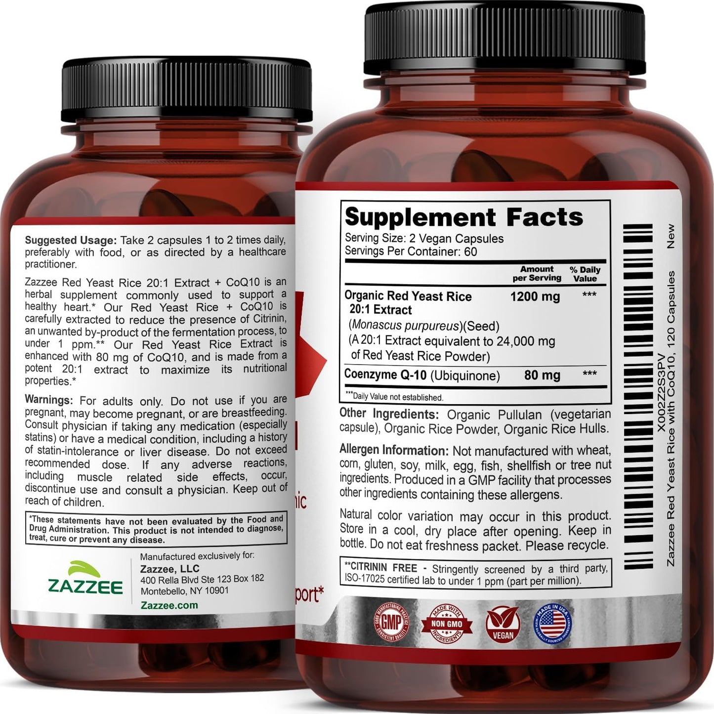Zazzee Organic Red Yeast Rice 20:1 Extract with CoQ10, Citrinin-Free, 1200 mg per Serving, 80 mg CoQ10, 120 Vegan Capsules, Healthy Heart & Cardiovascular Support, Non-GMO, Made in the USA - PrimeBioHealth - canada supplements