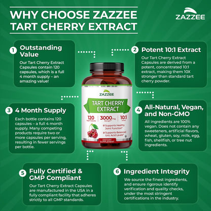 Zazzee Tart Cherry 10:1 Extract, 200 Vegan Capsules, 6+ Month Supply, Montmorency Cherry, Certified Kosher, Joint & Uric Acid Support, Antioxidant Support Formula, Non-GMO, Made in the USA - PrimeBioHealth - canada supplements