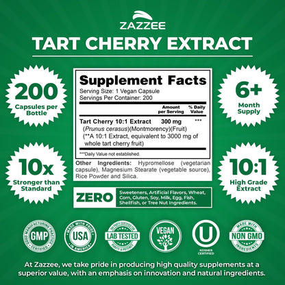 Zazzee Tart Cherry 10:1 Extract, 200 Vegan Capsules, 6+ Month Supply, Montmorency Cherry, Certified Kosher, Joint & Uric Acid Support, Antioxidant Support Formula, Non-GMO, Made in the USA - PrimeBioHealth - canada supplements