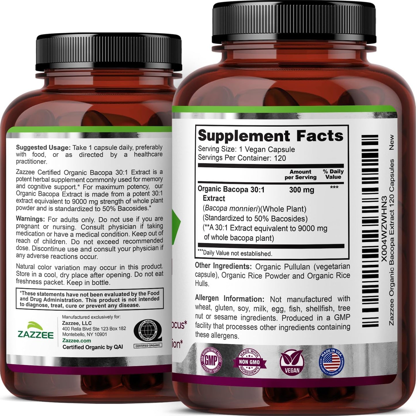Zazzee USDA Organic Bacopa 30:1 Extract, 50% Bacosides, 120 Vegan Capsules, 4 Month Supply, Bacopa Monnieri, Cognitive, Brain & Memory Support, Non-GMO, Organic Herbal Supplement, Made in the USA - PrimeBioHealth - canada supplements