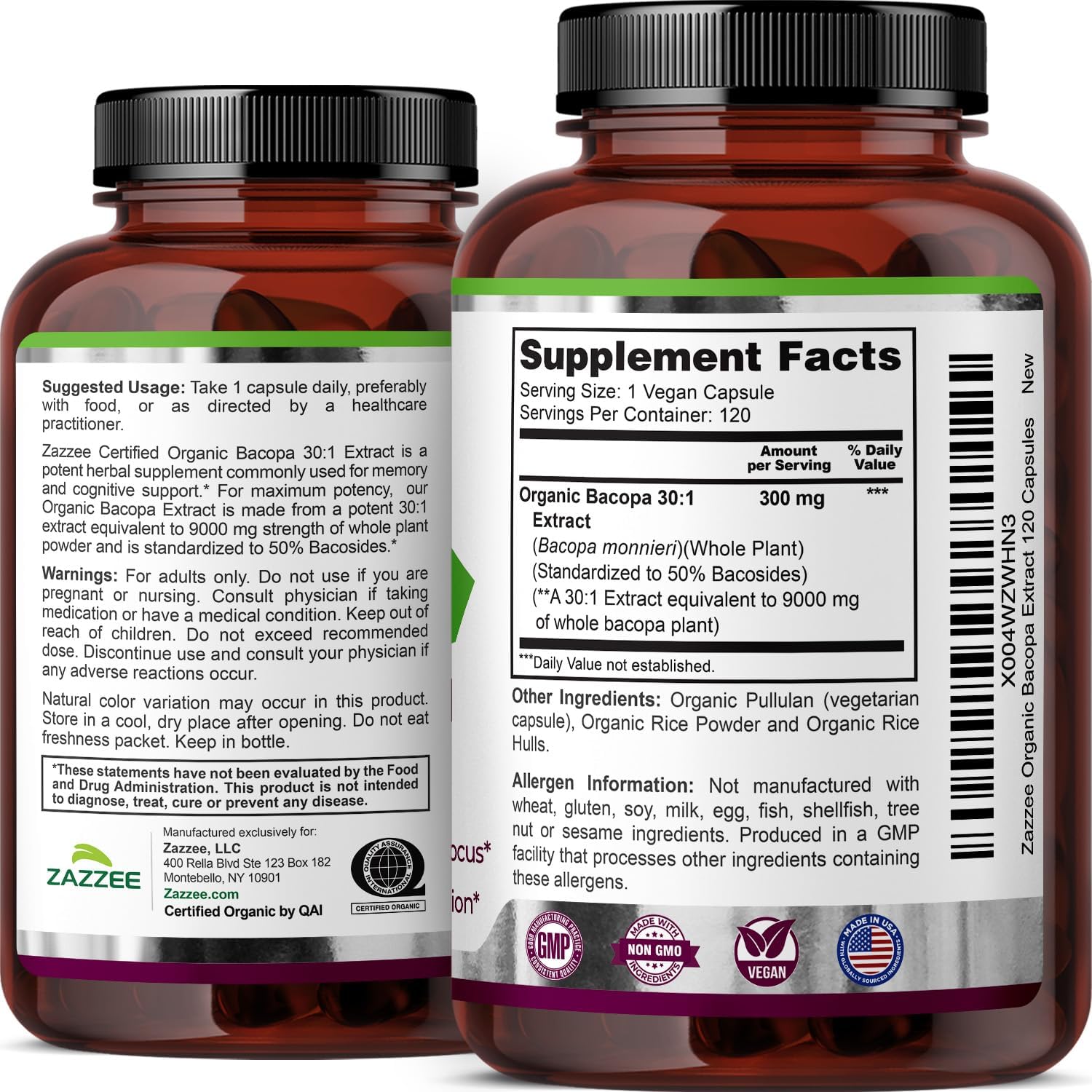 Zazzee USDA Organic Bacopa 30:1 Extract, 50% Bacosides, 120 Vegan Capsules, 4 Month Supply, Bacopa Monnieri, Cognitive, Brain & Memory Support, Non-GMO, Organic Herbal Supplement, Made in the USA - PrimeBioHealth - canada supplements