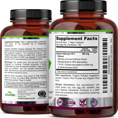 Zazzee USDA Organic Bacopa 30:1 Extract, 50% Bacosides, 120 Vegan Capsules, 4 Month Supply, Bacopa Monnieri, Cognitive, Brain & Memory Support, Non-GMO, Organic Herbal Supplement, Made in the USA - PrimeBioHealth - canada supplements