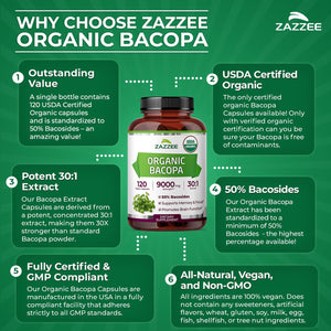 Zazzee USDA Organic Bacopa 30:1 Extract, 50% Bacosides, 120 Vegan Capsules, 4 Month Supply, Bacopa Monnieri, Cognitive, Brain & Memory Support, Non-GMO, Organic Herbal Supplement, Made in the USA - PrimeBioHealth - canada supplements