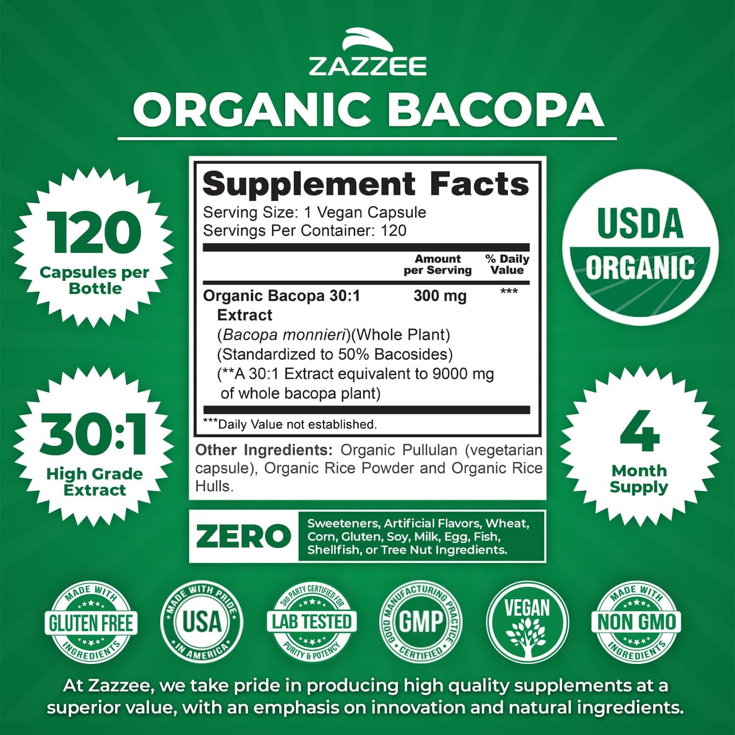 Zazzee USDA Organic Bacopa 30:1 Extract, 50% Bacosides, 120 Vegan Capsules, 4 Month Supply, Bacopa Monnieri, Cognitive, Brain & Memory Support, Non-GMO, Organic Herbal Supplement, Made in the USA - PrimeBioHealth - canada supplements