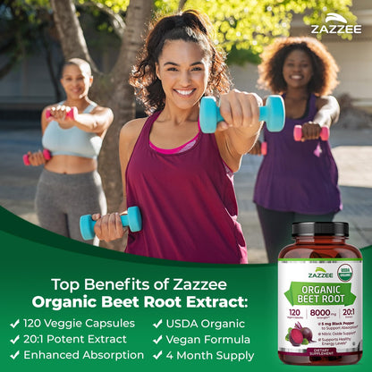 Zazzee USDA Organic Beet Root 20:1 Extract, 120 Vegan Quick Release Capsules, 4 Month Supply, Nitric Oxide Support, Black Pepper Extract for Enhanced Absorption, Certified Kosher, Non-GMO, Made in USA - PrimeBioHealth - canada supplements