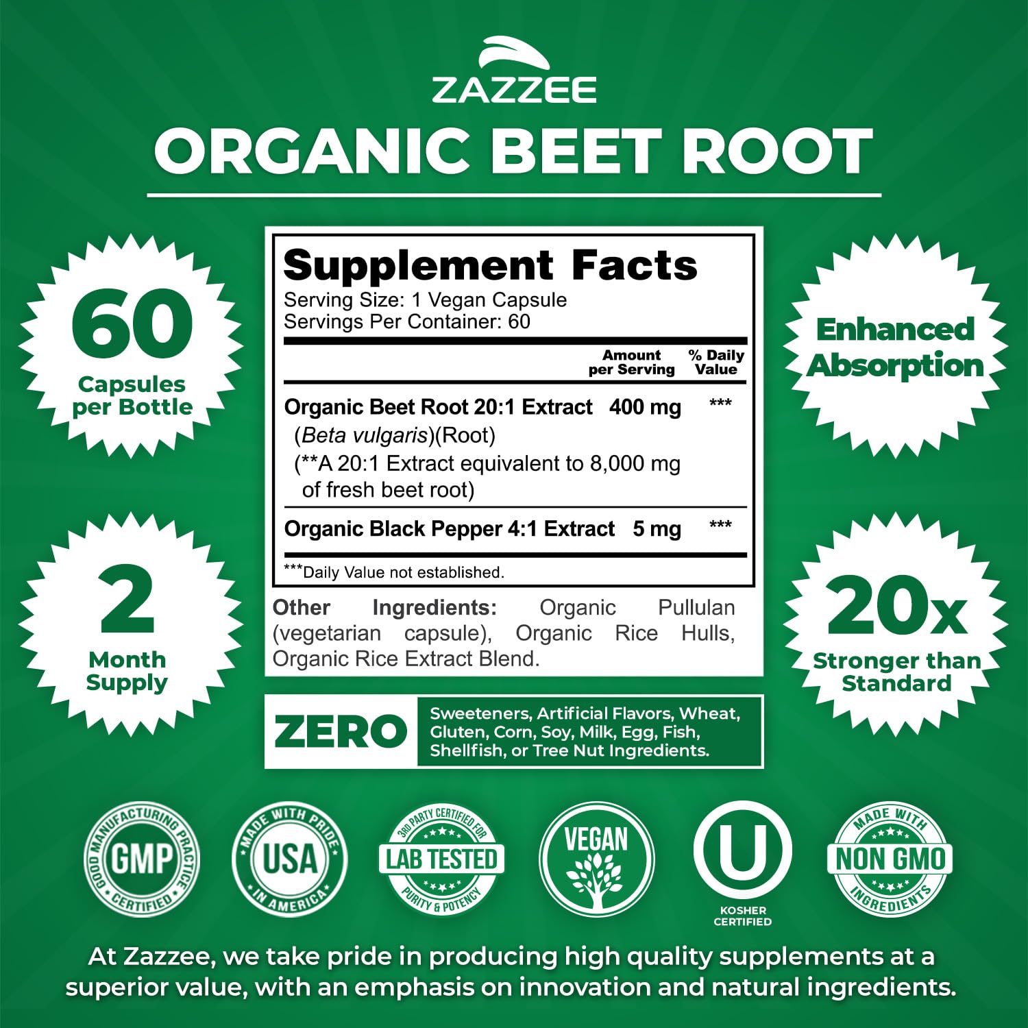Zazzee USDA Organic Beet Root 20:1 Extract, 120 Vegan Quick Release Capsules, 4 Month Supply, Nitric Oxide Support, Black Pepper Extract for Enhanced Absorption, Certified Kosher, Non-GMO, Made in USA - PrimeBioHealth - canada supplements