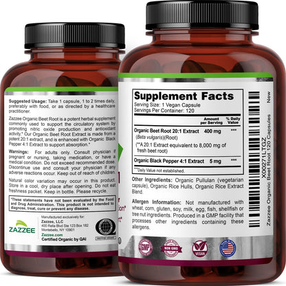 Zazzee USDA Organic Beet Root 20:1 Extract, 120 Vegan Quick Release Capsules, 4 Month Supply, Nitric Oxide Support, Black Pepper Extract for Enhanced Absorption, Certified Kosher, Non-GMO, Made in USA - PrimeBioHealth - canada supplements