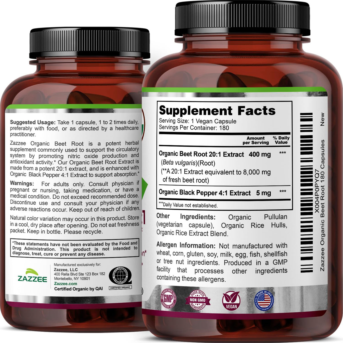 Zazzee USDA Organic Beet Root 20:1 Extract, 120 Vegan Quick Release Capsules, 4 Month Supply, Nitric Oxide Support, Black Pepper Extract for Enhanced Absorption, Certified Kosher, Non-GMO, Made in USA - PrimeBioHealth - canada supplements