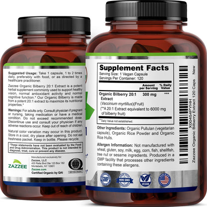 Zazzee USDA Organic Bilberry 20:1 Extract, 120 Vegan Capsules, 4 Month Supply, Vaccinium Myrtillus, Eye Health, Vision & Antioxidant Support, All-Natural, Non-GMO, Made in the USA - PrimeBioHealth - canada supplements