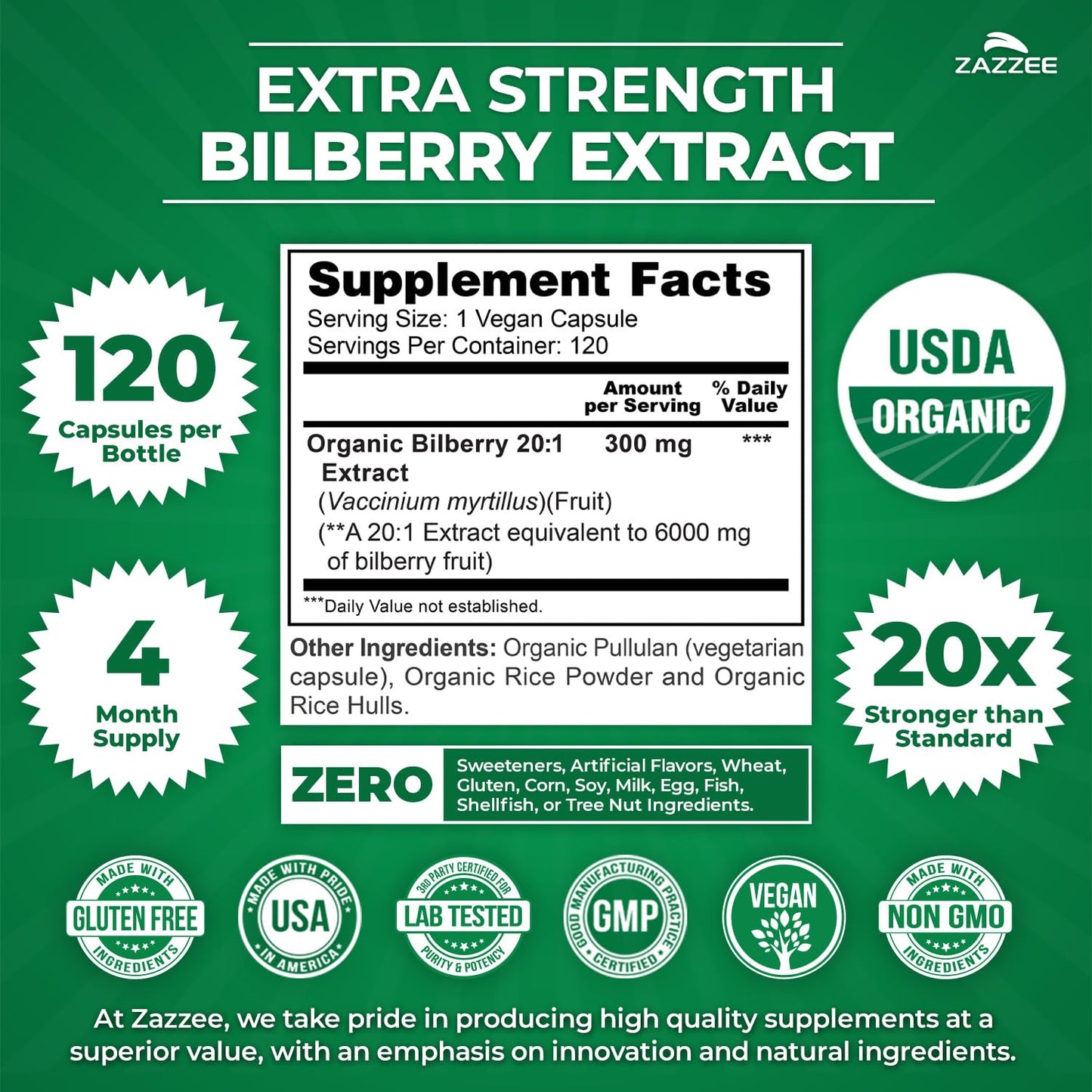 Zazzee USDA Organic Bilberry 20:1 Extract, 120 Vegan Capsules, 4 Month Supply, Vaccinium Myrtillus, Eye Health, Vision & Antioxidant Support, All-Natural, Non-GMO, Made in the USA - PrimeBioHealth - canada supplements