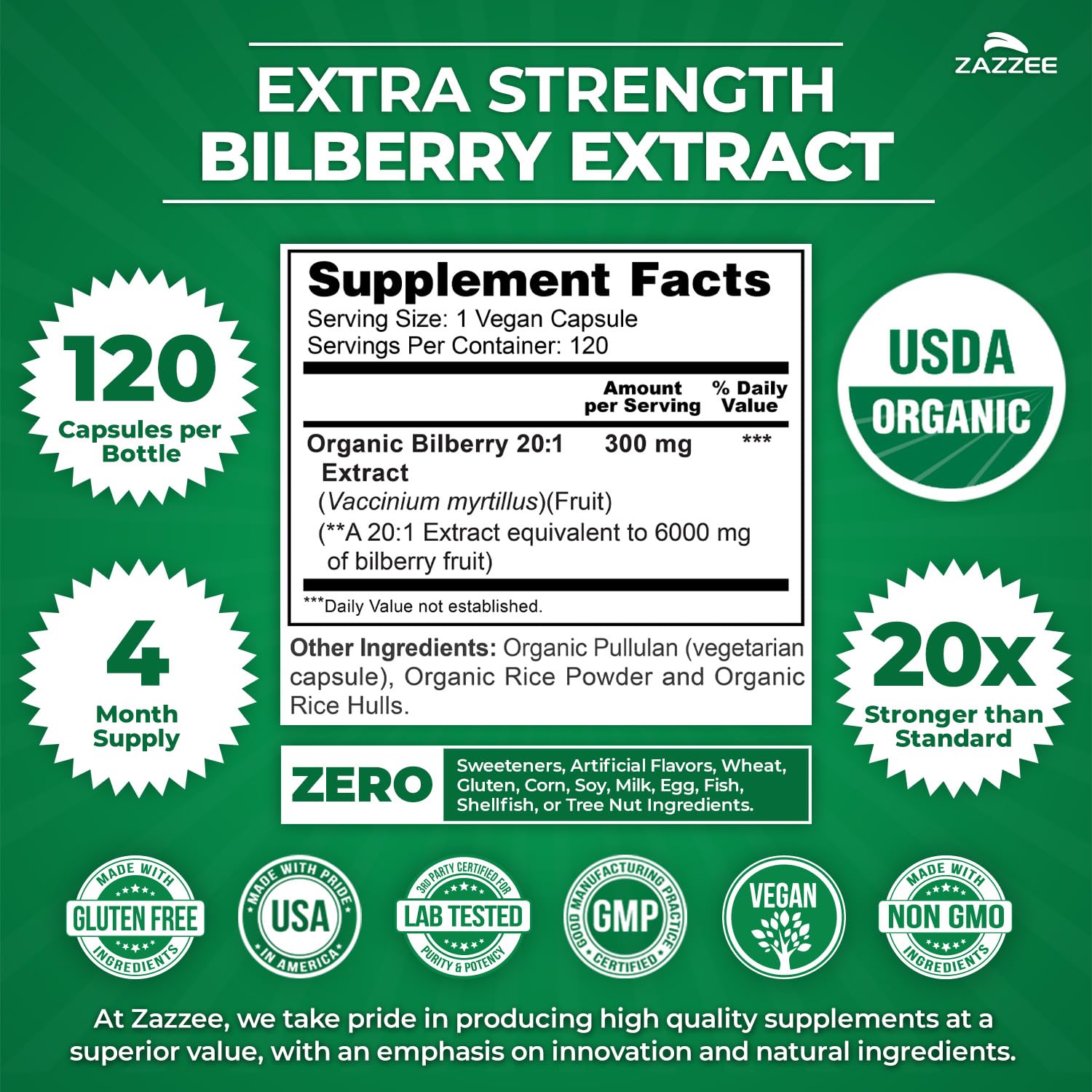 Zazzee USDA Organic Bilberry 20:1 Extract, 120 Vegan Capsules, 4 Month Supply, Vaccinium Myrtillus, Eye Health, Vision & Antioxidant Support, All-Natural, Non-GMO, Made in the USA - PrimeBioHealth - canada supplements