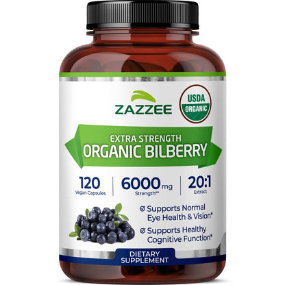 Zazzee USDA Organic Bilberry 20:1 Extract, 120 Vegan Capsules, 4 Month Supply, Vaccinium Myrtillus, Eye Health, Vision & Antioxidant Support, All-Natural, Non-GMO, Made in the USA - PrimeBioHealth - canada supplements