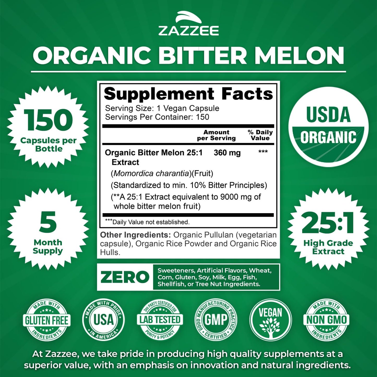 Zazzee USDA Organic Bitter Melon 25:1 Extract, 10% Bitter Principles, 150 Vegan Capsules, 5 Month Supply, Extra Strength, Momordica Charantia, Antioxidant & Metabolic Support, Non-GMO, Made in the USA - PrimeBioHealth - canada supplements