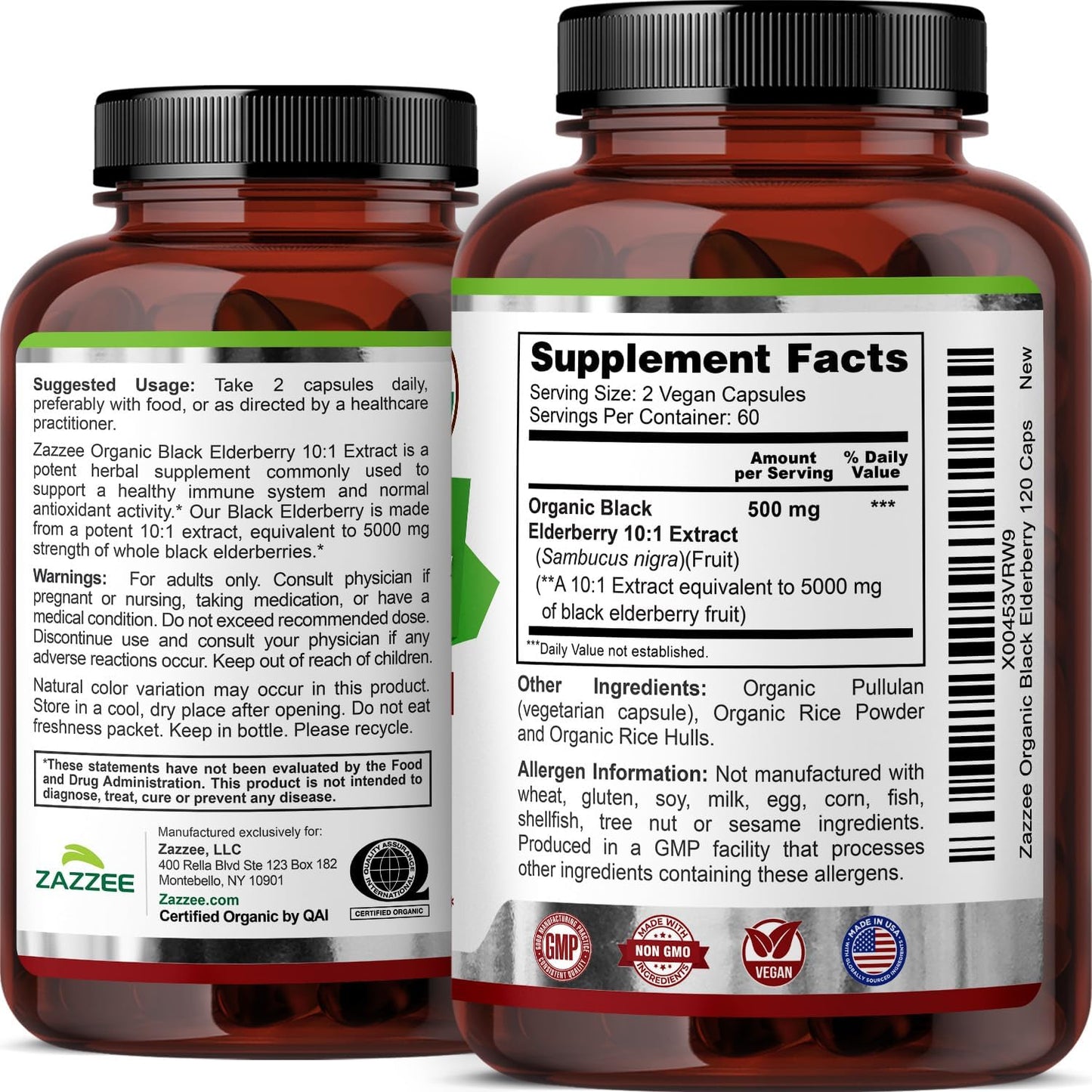 Zazzee USDA Organic Black Elderberry 10:1 Extract, 120 Vegan Capsules, 2 Month Supply, Sambucus Nigra, Antioxidant & Immune Support, Concentrated 10X Extract, All-Natural, Non-GMO, Made in the USA - PrimeBioHealth - canada supplements