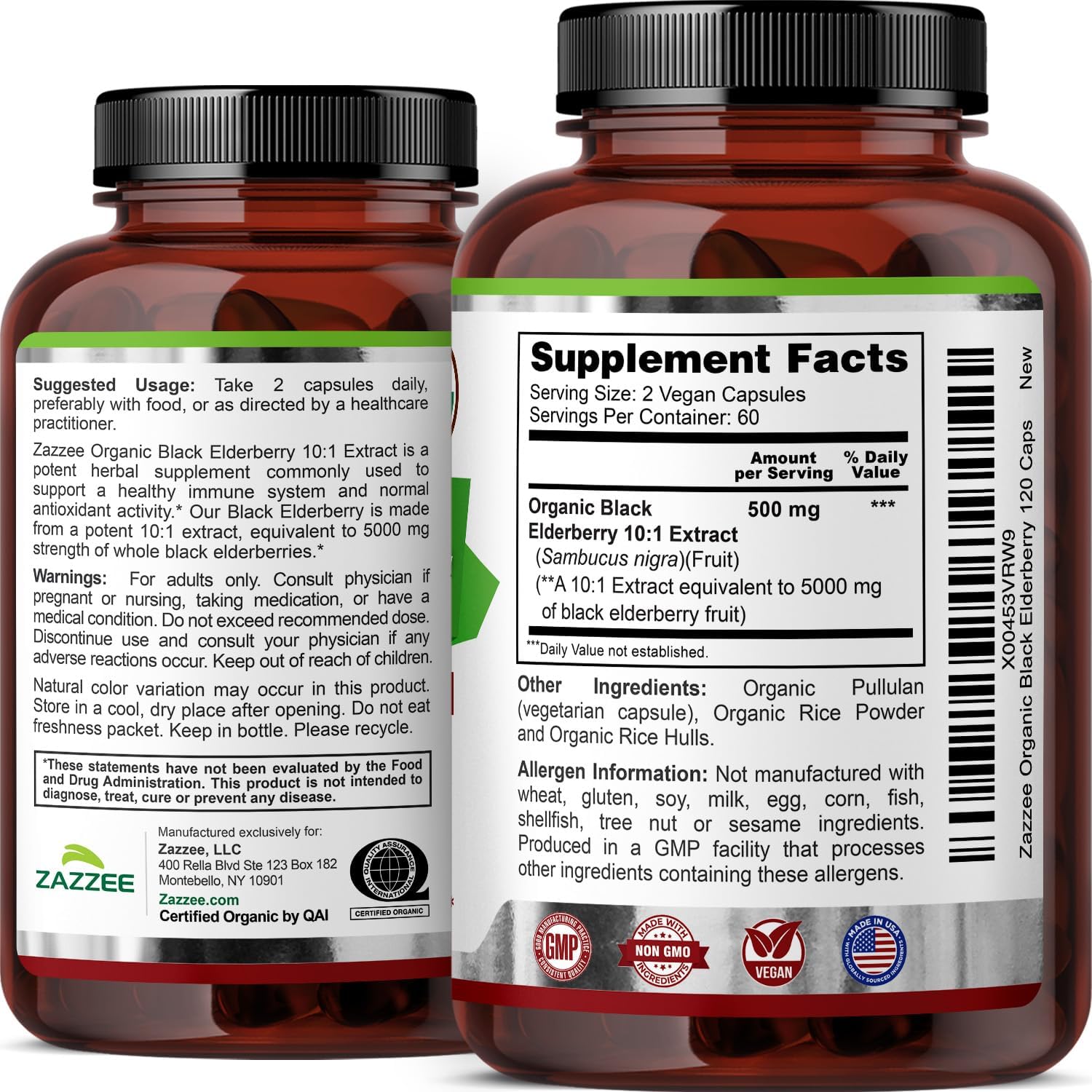 Zazzee USDA Organic Black Elderberry 10:1 Extract, 120 Vegan Capsules, 2 Month Supply, Sambucus Nigra, Antioxidant & Immune Support, Concentrated 10X Extract, All-Natural, Non-GMO, Made in the USA - PrimeBioHealth - canada supplements