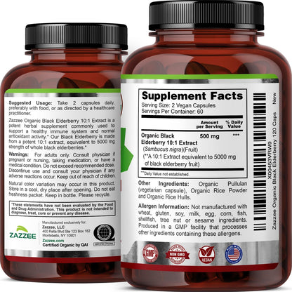 Zazzee USDA Organic Black Elderberry 10:1 Extract, 120 Vegan Capsules, 2 Month Supply, Sambucus Nigra, Antioxidant & Immune Support, Concentrated 10X Extract, All-Natural, Non-GMO, Made in the USA - PrimeBioHealth - canada supplements