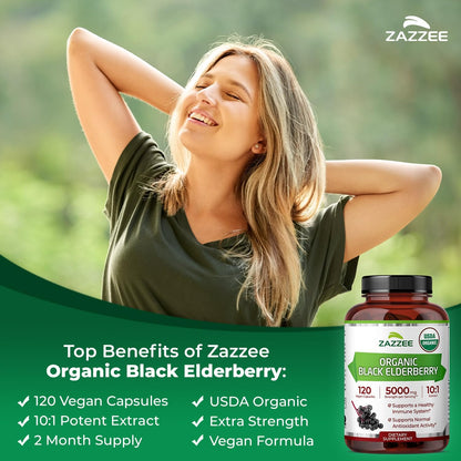 Zazzee USDA Organic Black Elderberry 10:1 Extract, 120 Vegan Capsules, 2 Month Supply, Sambucus Nigra, Antioxidant & Immune Support, Concentrated 10X Extract, All-Natural, Non-GMO, Made in the USA - PrimeBioHealth - canada supplements